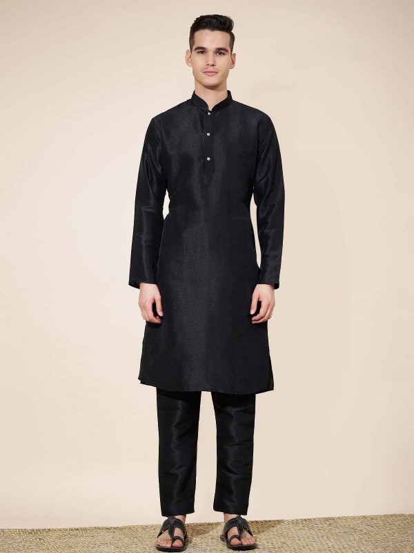 Black Pure Silk Readymade Kurta Pajama